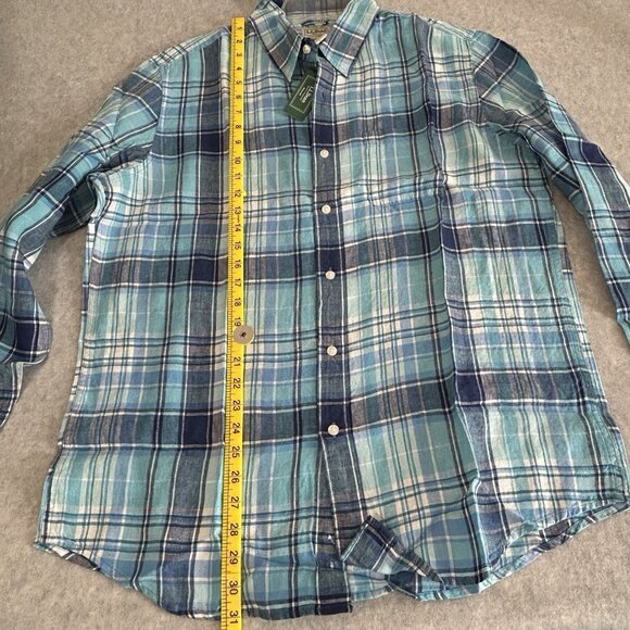 LL Bean Shirt Mens Large Blue Plaid Button Up Slightly Fitted Linen Regular Fit - Picture 6 of 10